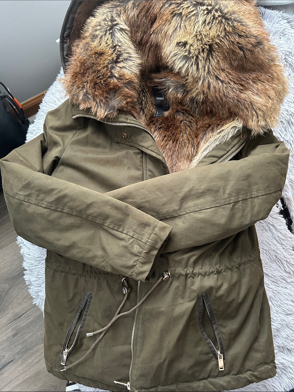 Forever 21 Olive Green Coat with Brown Faux Fur Lining
